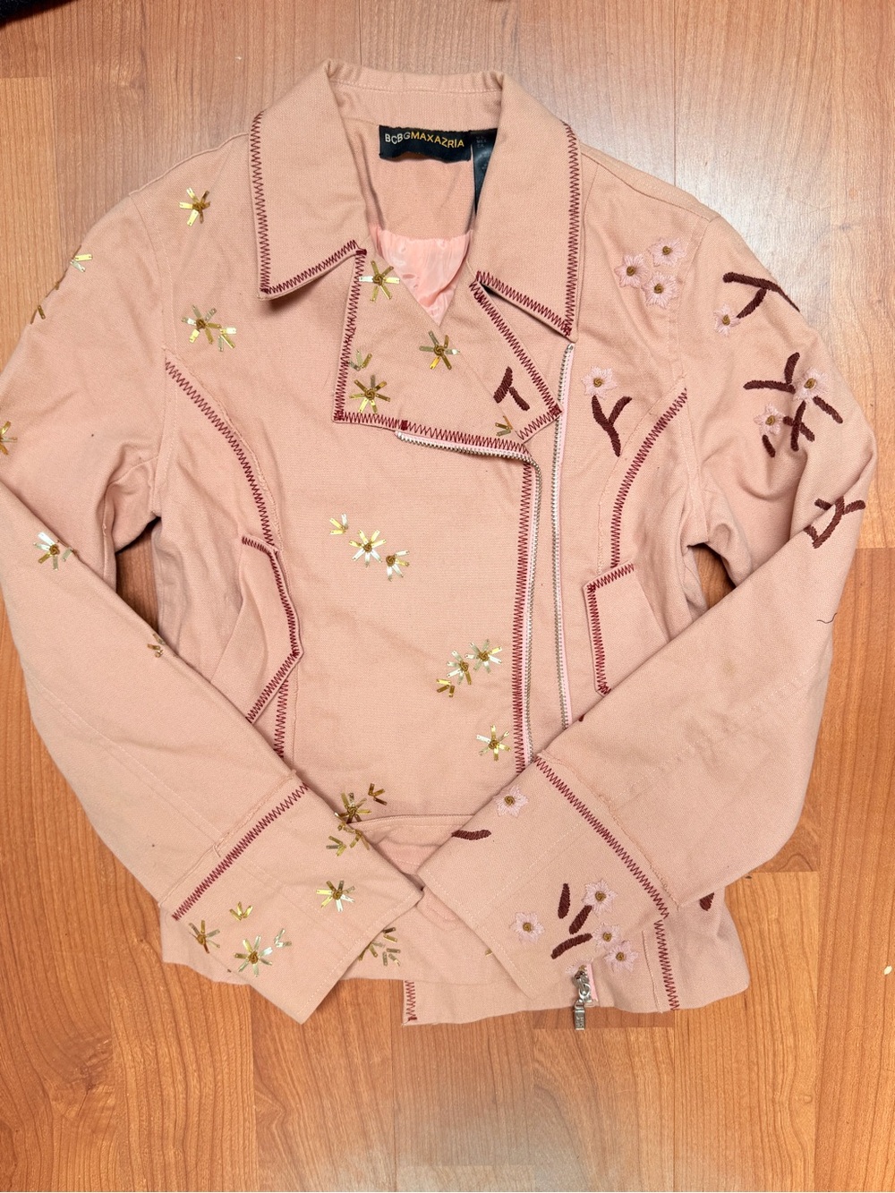 BCBGMaxAzria Blush Pink Embroidered Floral Leather Jacket